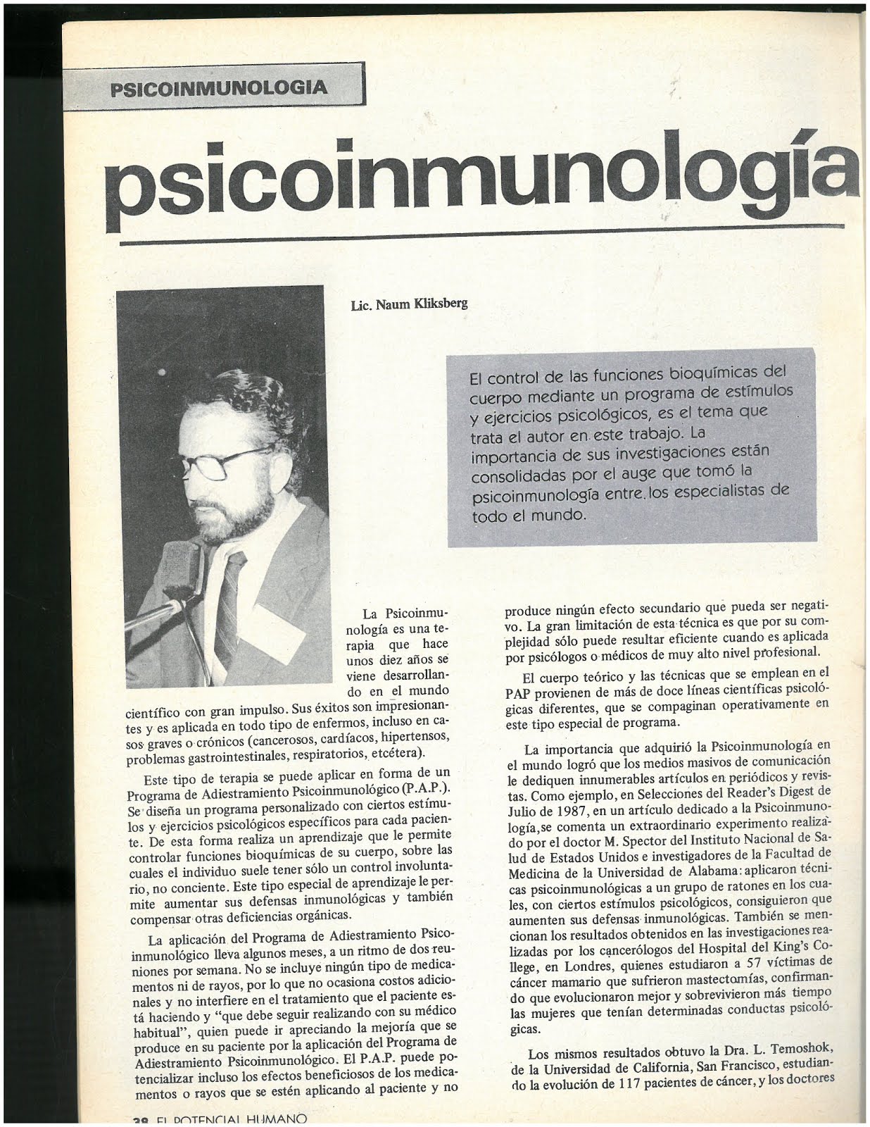 6 -Revista El potencial humano,2/1988,Argentina. ArtÍculo de Naum Kliksberg sobre Psicoinmunologia