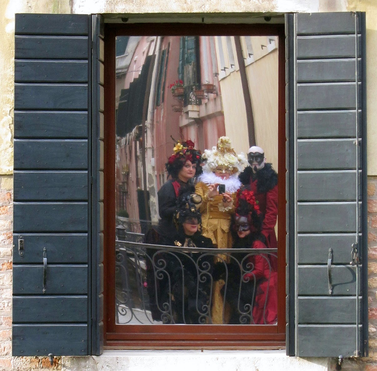 costumed us reflected in window