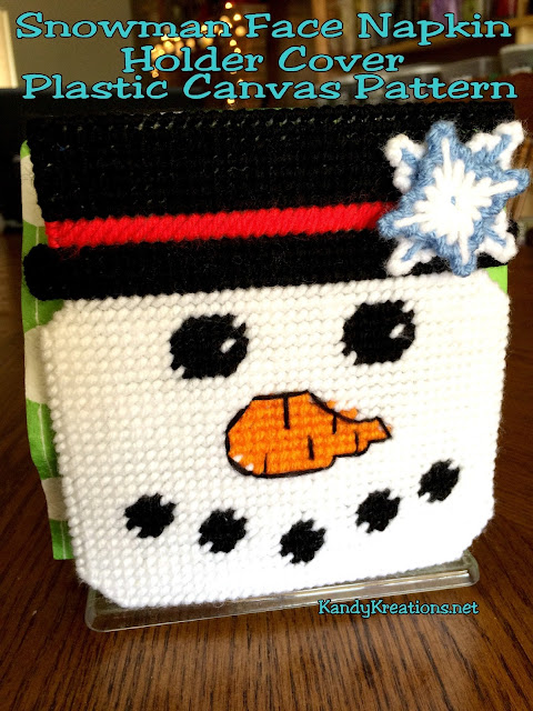 Decorate your kitchen or dinning room for January with a Snowman's smile to cover your napkin holder.  This quick and easy plastic canvas pattern fits right over a cheap Dollar store napkin holder and brightens the whole place during the dreary month of January.