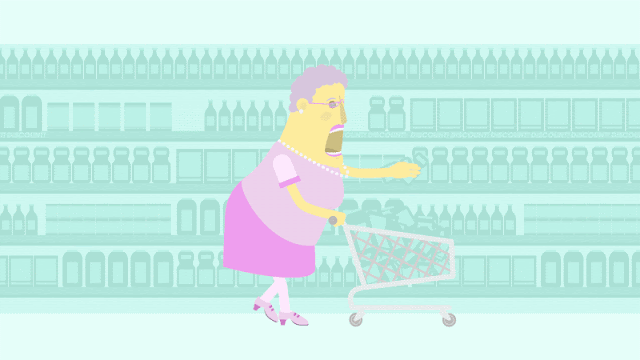 A gif image of an illustrated woman putting things quickly in a shopping cart at the grocery store