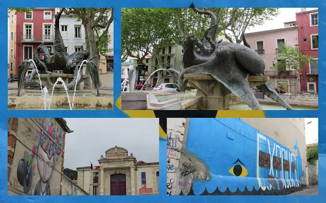 Street art and sculpture in Sete, France including a giant octopus