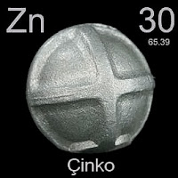 Çinko elementi üzerinde çinkonun simgesi, atom numarası ve atom ağırlığı.