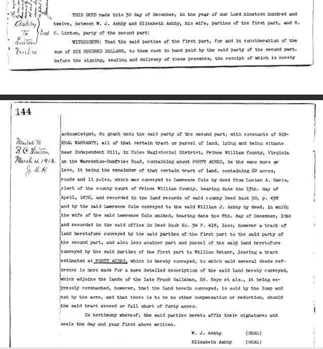 Prince William County Genealogy Deed Ashby to Linton (1912)