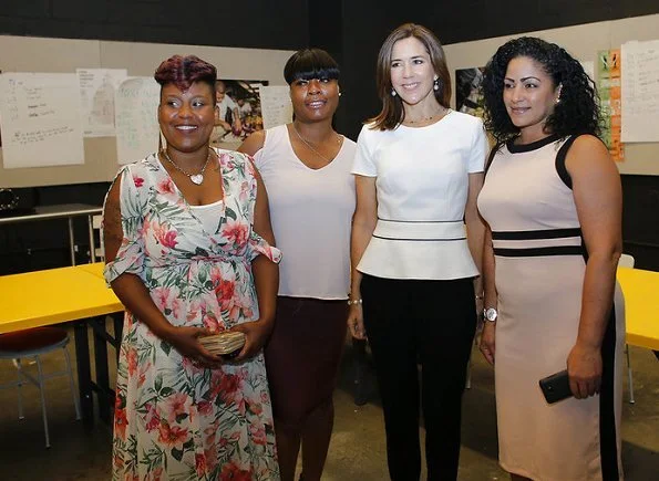 Crown Princess Mary wore Hugo Boss blouse and trousers, Gianvito Rossi pumps visit Claus Meyer's Brownsville Community Culinary Center