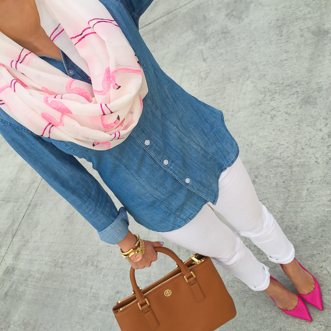 Sole Society flamingo scarf Loft softened chambray shirt AG cigarette roll up white jeans Kate Spade lottie pumps Tory Burch mini Robinson tote
