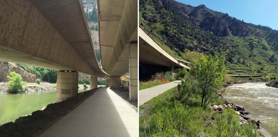 Bicycle trail running under highway by river