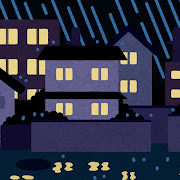 雨が降る夜の住宅街のイラスト（背景素材）