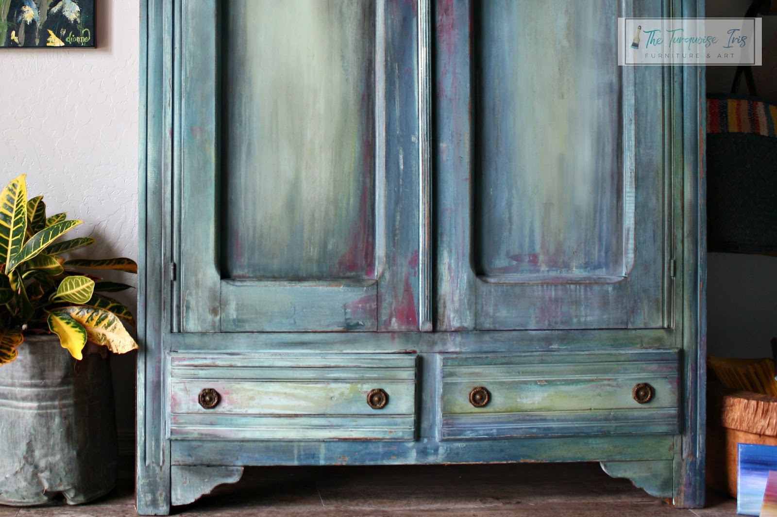 Antique Armoire Diy Paint Furniture Makeover And A How To Video This Display Consists Of Bohemian Blue Hey Sailor Mint Chip Seagl Kissing Booth And Queen Bee I Finished With A Clear Black Wax