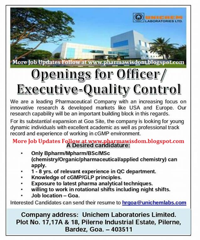 UNICHEM LABORATORIES Job Openings for Officer / Executive Quality