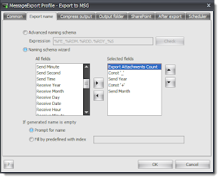MessageExport naming schema, showing how to add email parts to the custom exported file name.