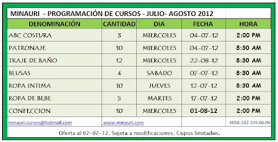 Calendario de Cursos Costura Confección