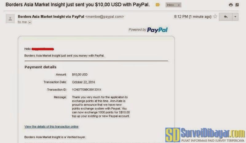 Bukti pembayaran hadiah Ann-Kate Indonesia melalui PayPal | SurveiDibayar.com