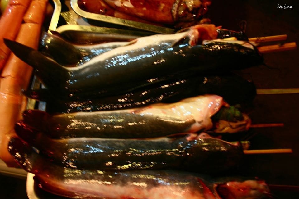 Fresh catfish on skewers at Tiongson Arcade in Mindanao