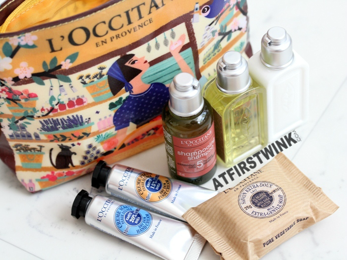 L'Occitane Summer Essentials bag contents: Verbena Shower Gel and Body Lotion, Aromachology repairing shampoo, Extra Gentle Milk Soap, Dry Skin Shea butter hand cream and food cream