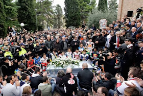 A huge crowd turned out for Simoncelli's funeral at the  church of Santa Maria Assunta in Coriano