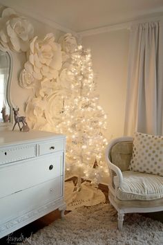 White Christmas tree in romantic Farmhouse Christmas holiday decorating shabby chic