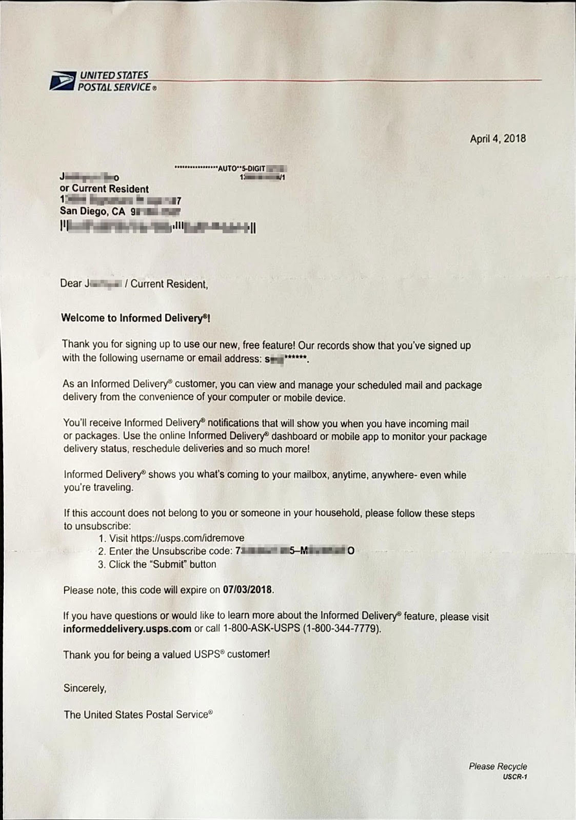 미국 우정청(USPS)의 Informed Delivery 서비스