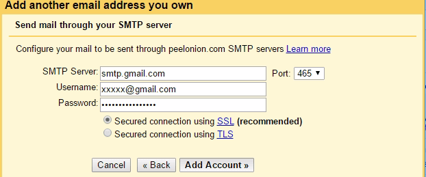 gmail add email smtp server username password