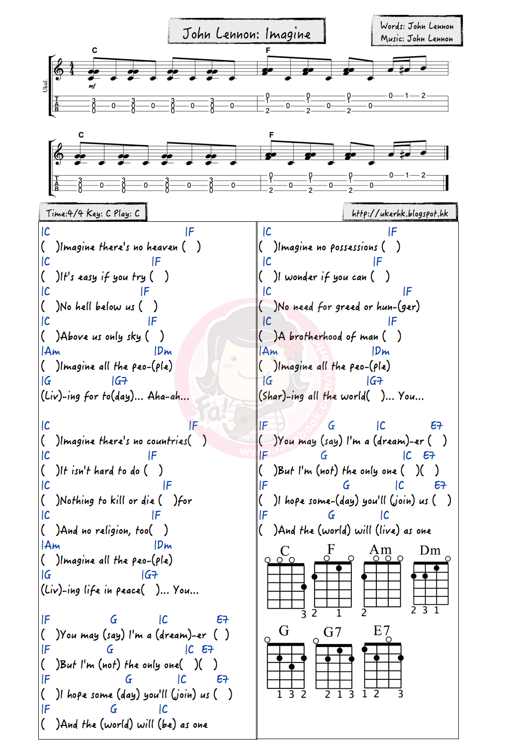 ukulelemania 213 John Lennon Imagine Ukulele Chord譜