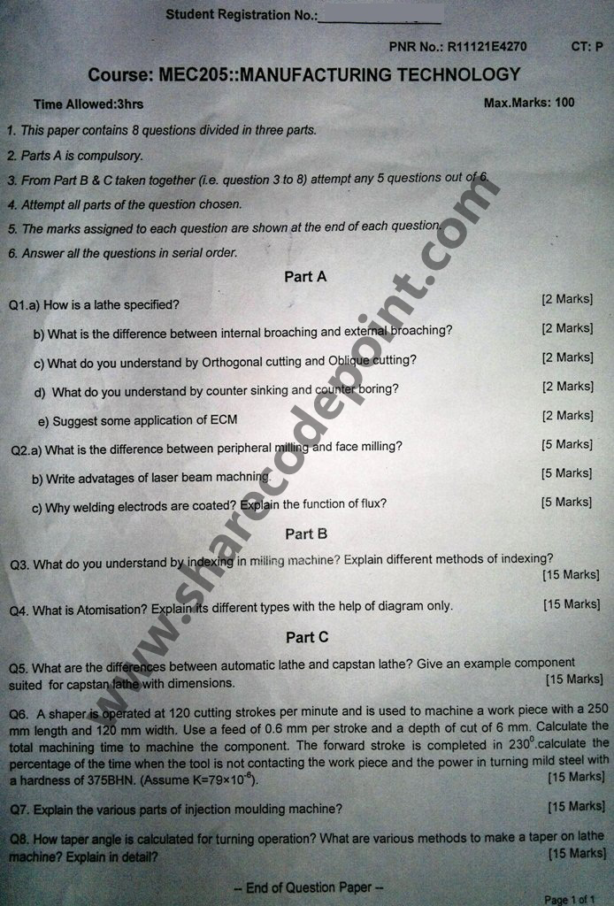 MEC205 Manufacturing Technology End Term Exam Question Paper