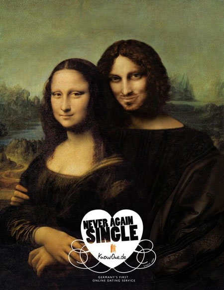 Never Again Single. An ad from Germany's first online dating service. Ad depicting Mona Lisa with a boyfriend. Jingles and other stories of Amerian Dreams. marchmatron.com