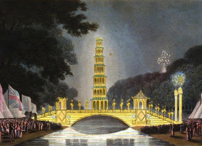 Chinese Bridge and Pagoda illuminated, St James's Park,   on 1 August 1814 from An Historical Memento by E Orme (1814)