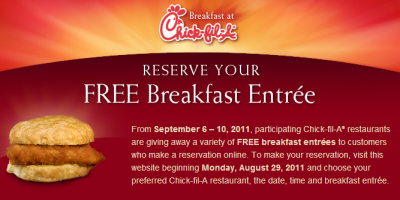 Chick-fil-A Free Breakfast on Sep. 6~10, 2011