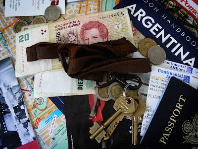 Money, keys, passport, tickets and Argentina maps and travel guide