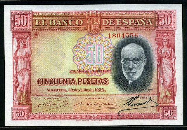 Spain currency 50 Pesetas banknote 1935 Santiago Ramón y Cajal|World ...