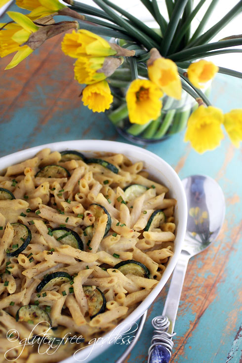 Vegan and non dairy creamy pasta bake with gluten free brown rice penne