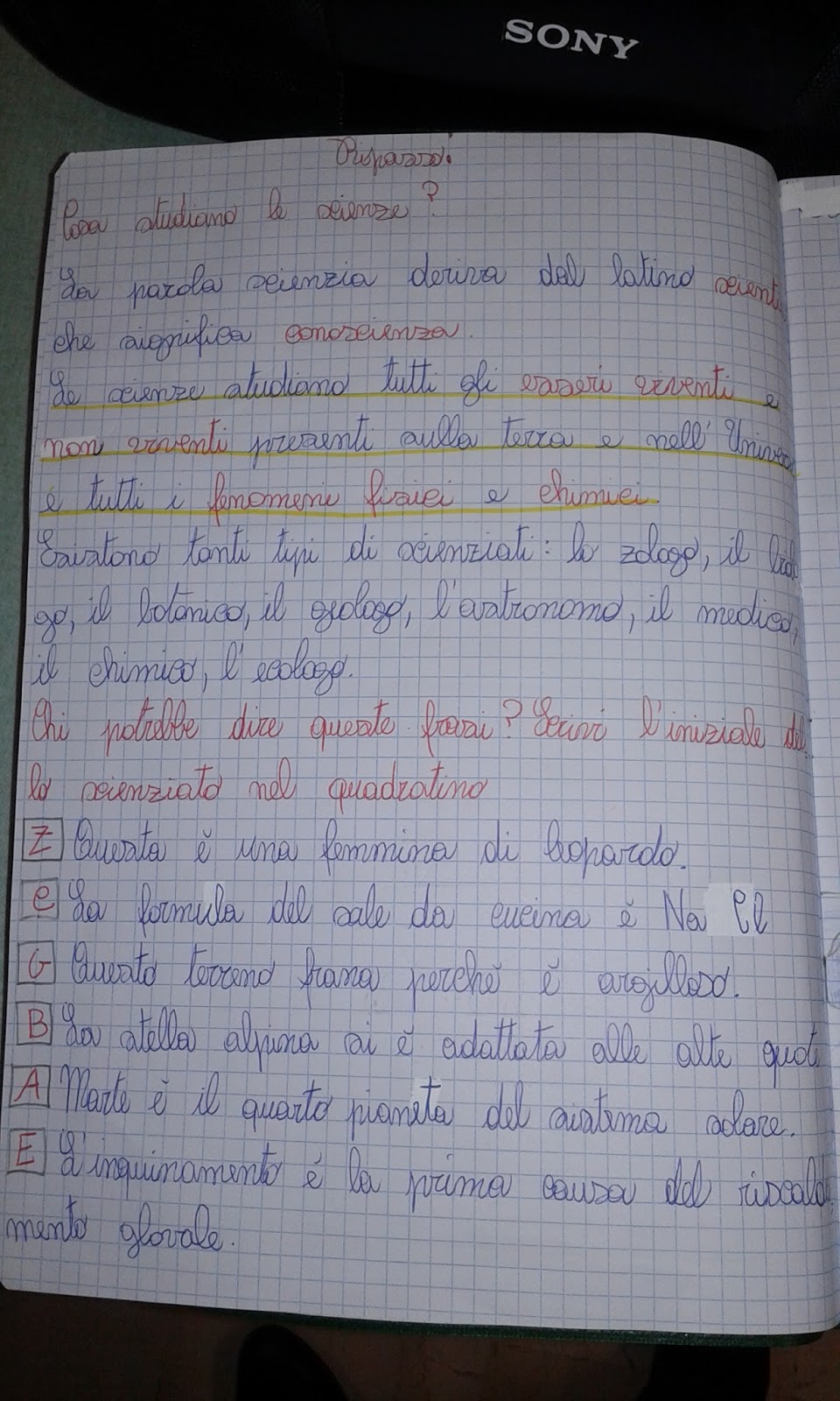 quaderno di scienze classe quarta