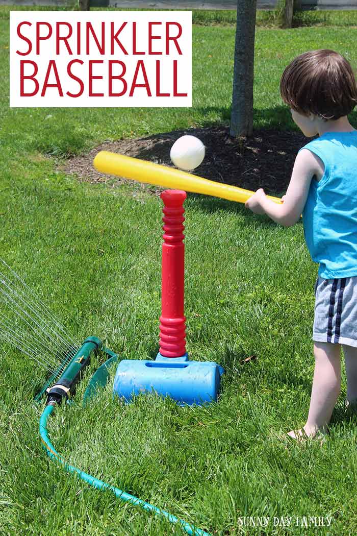 Take tee ball to the next level with Sprinkler Baseball! A super fun backyard activity for summer - try to hit the ball without getting wet first. Kids love it!
