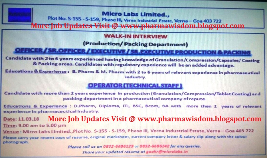 Micro Labs Limited WalkIn Interviews on 11th March, 2018 GOA