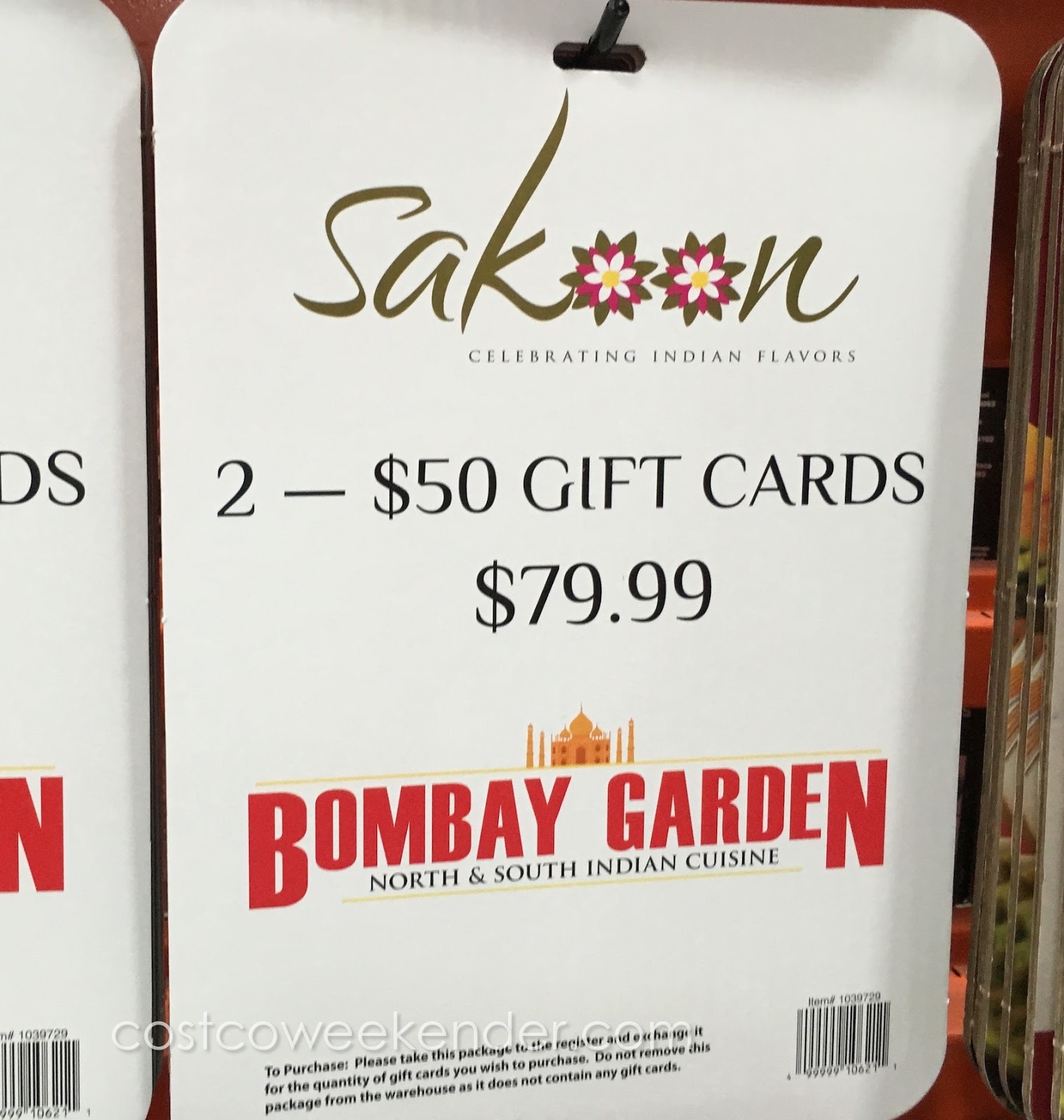 Bombay Garden & Sakoon 2 50 Gift Cards Costco Weekender