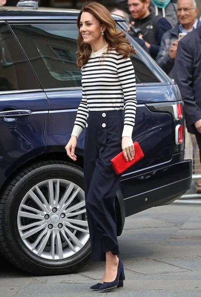 Kate Middleton's trousers are the L.K. Bennett Parker style. L.K. Bennett sweater. Rupert Sanderson Malory suede pumps