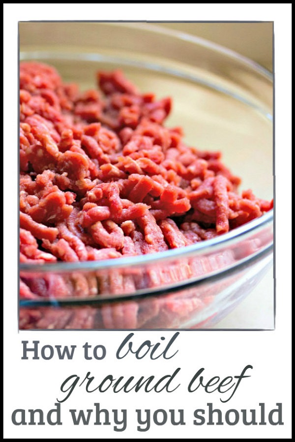 A bowl of raw ground beef. Text: "How to boil ground beef, and why you should."