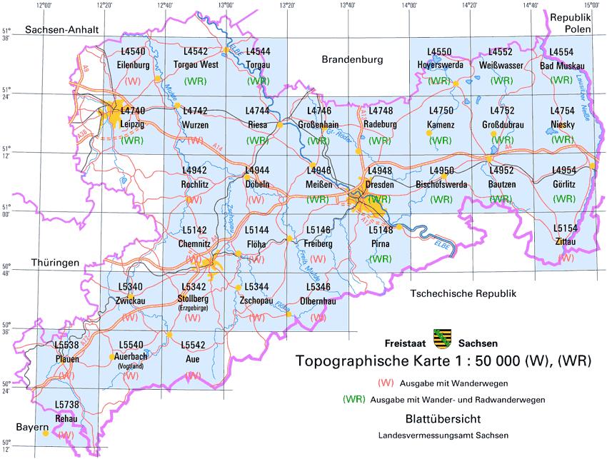 Topographische Landkarte von Sachsen 1:50.000 | Blattschnitte Index