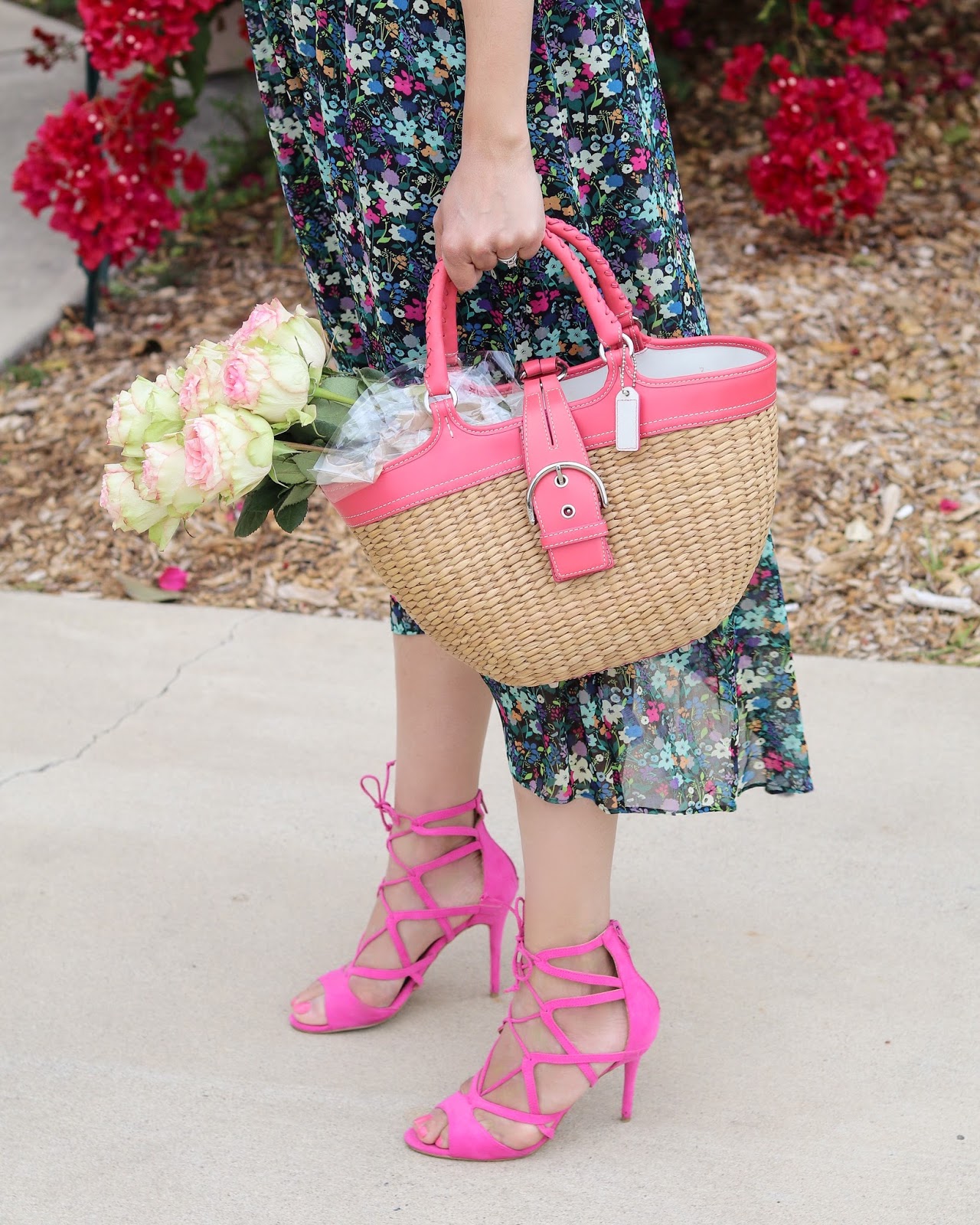 hot pink accessories hot pink lace up heels, coach basket handbag, hot pink trim on purse