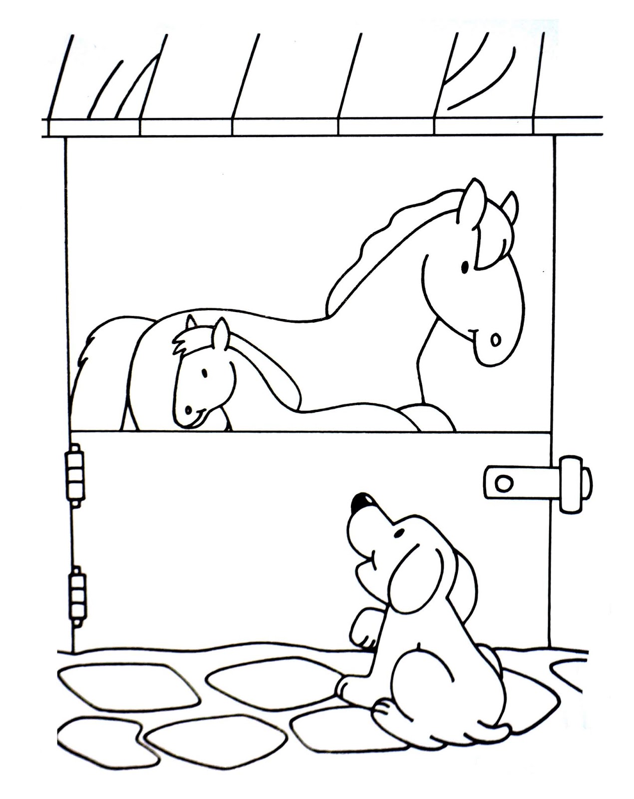Tranh tô màu chú chó chơi với hai con ngựa