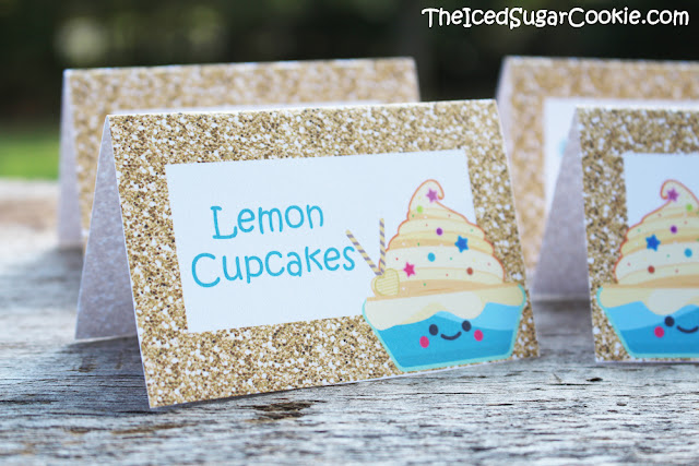 Cupcake Birthday Party Food Label Tent Cards-Gold Glitter Cutout Printable Template DIY-Banana Cupcakes, Lemon Cupcakes, Yummy Cupcakes, Cupcake Shoppe The Iced Sugar Cookie