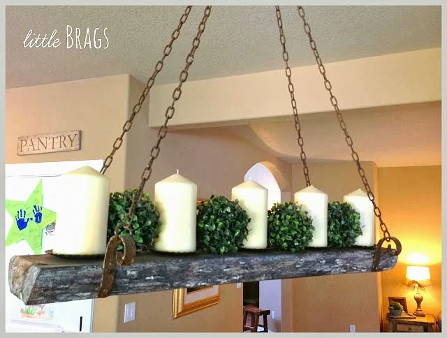 Reclaimed wood candle chandelier by Little Brags featured on http://www.ilovethatjunk.com
