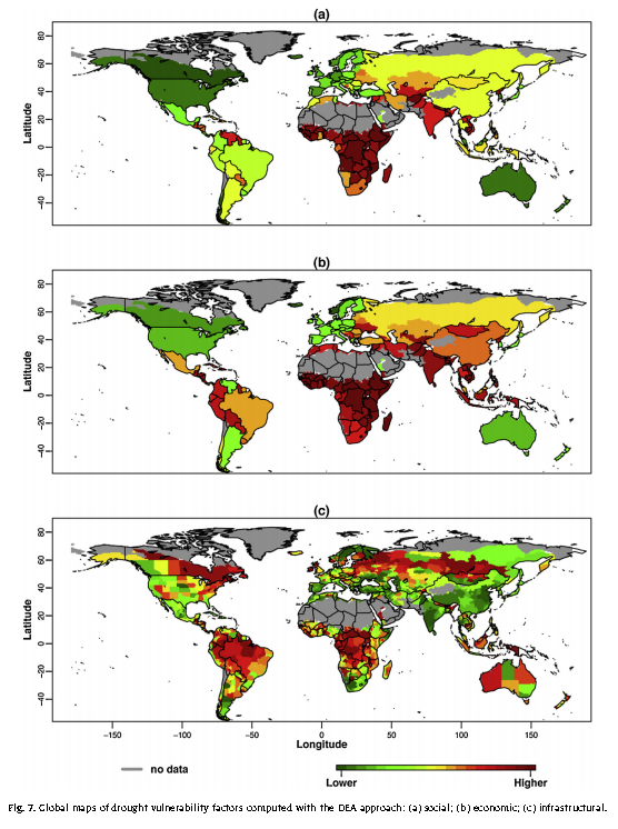 Global maps of drought vulnerability factors computed with the DEA approach: (a) social; (b) economic; (c) infrastructural.