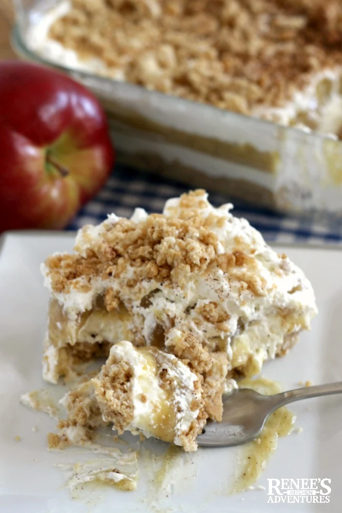 Piece of Apple Cinnamon Oreo Delight on plate with fork