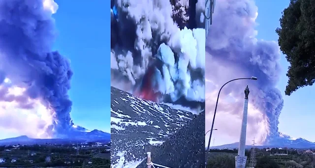 Una gran humareda exhalada por el volcán Etna se eleva sobre la ciudad italiana de Catania, el 24 de diciembre de 2018