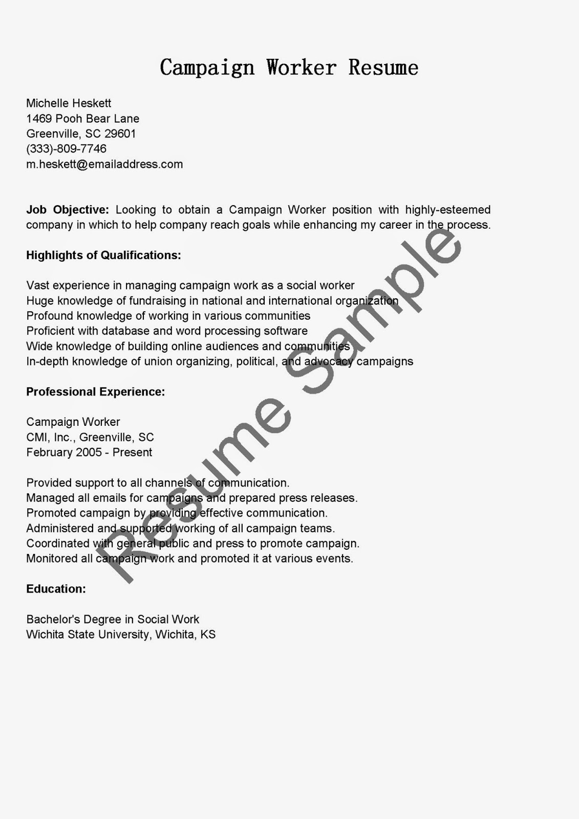 Resume Samples Campaign Worker Resume Sample