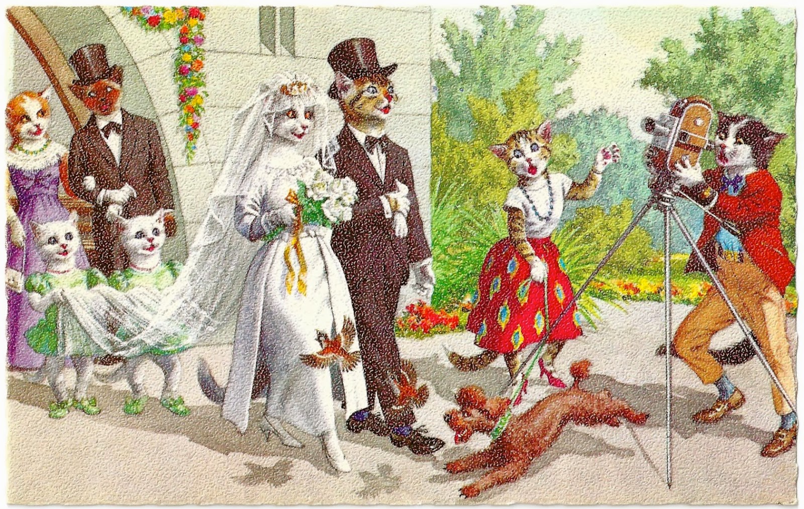 Кошки выходят замуж. Художник Эжен Хартунг. Кошачья свадьба. Коты в свадебных нарядах.