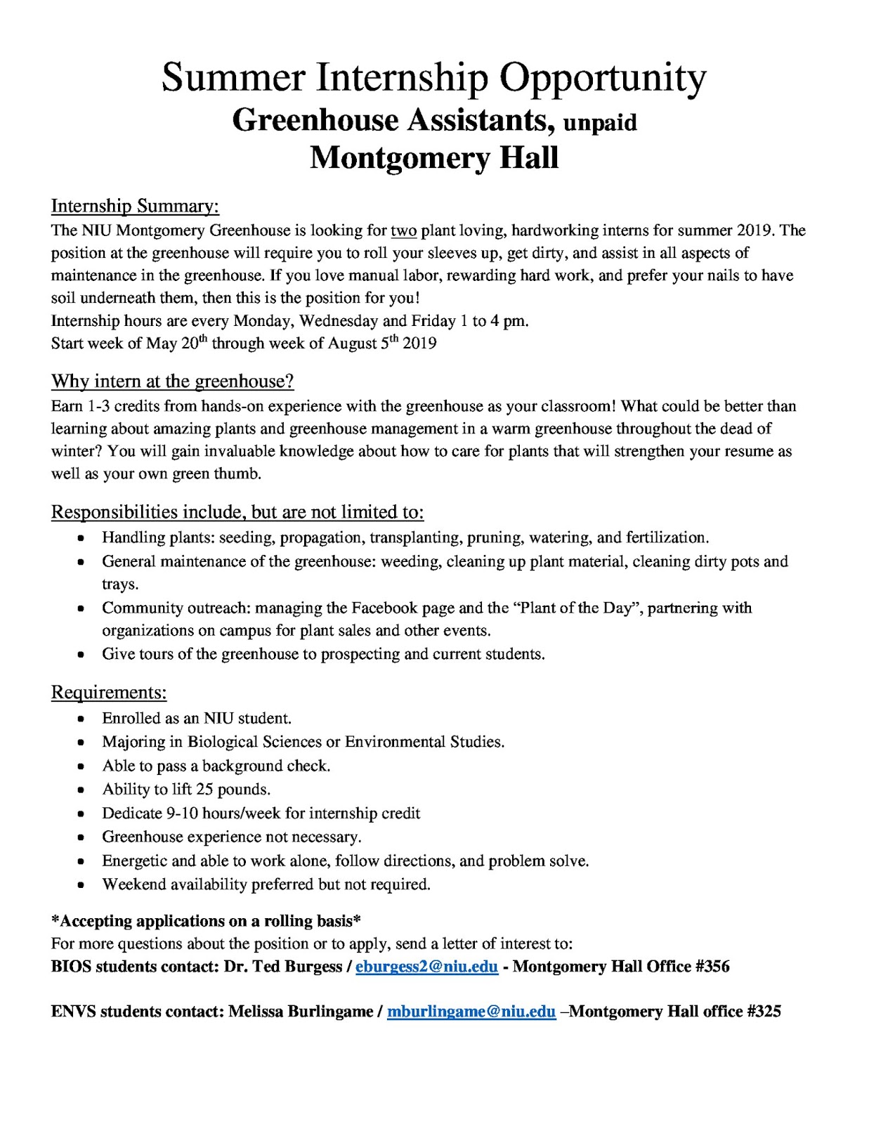 Environmental Studies Student News NIU Greenhouse Internship Opportunity Summer 2019