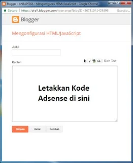 cara menambahkan kode Adsense di Blogger