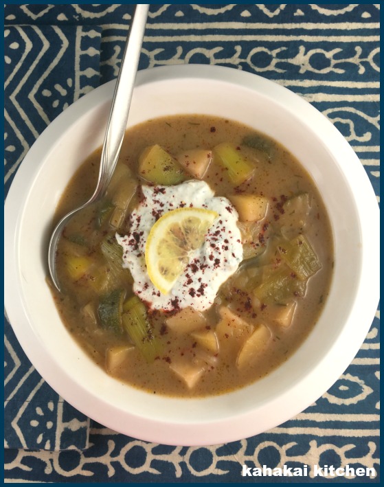 Kahakai Kitchen Middle Eastern Leek & Veggie Soup with Dilled Yogurt
