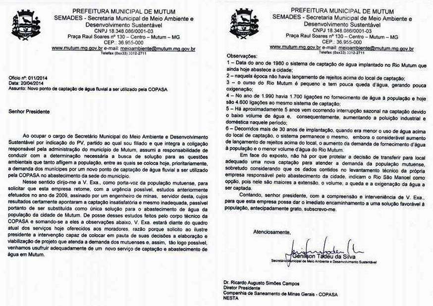 Ofício 011 de 20/04/2014 da SEMADES para a COPASA (Clique na imagem para ampliar)